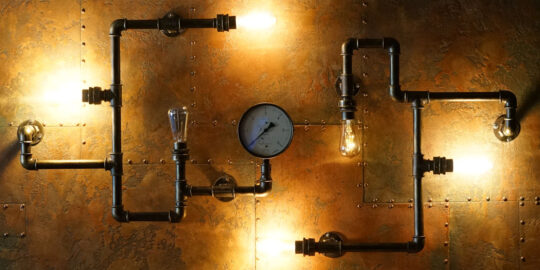 series of metal pipes and lightbulbs on a steel riveted wall - Covid-19 regulations nhs
