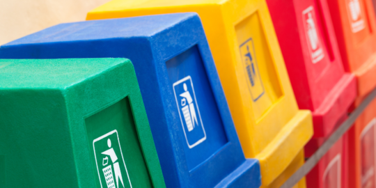 Brightly coloured recycling bins