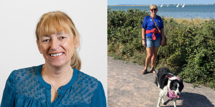 Kim Ormsby headshot and Kim and her dog