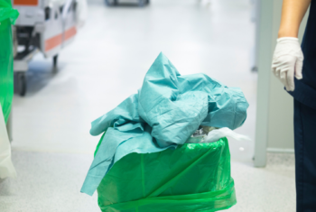 Waste bin in hospital corridor