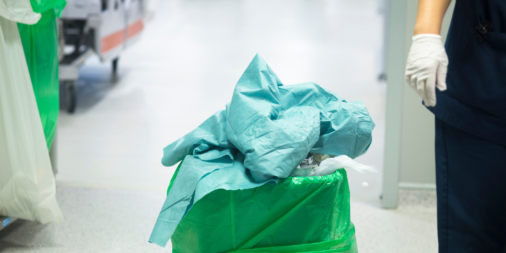 Waste bin in hospital corridor